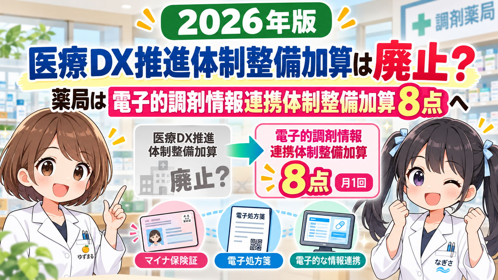 2026年版の薬局医療DX改定について、医療DX推進体制整備加算から電子的調剤情報連携体制整備加算8点への変更を、薬剤師ゆずまるとなぎさが解説するアイキャッチ画像