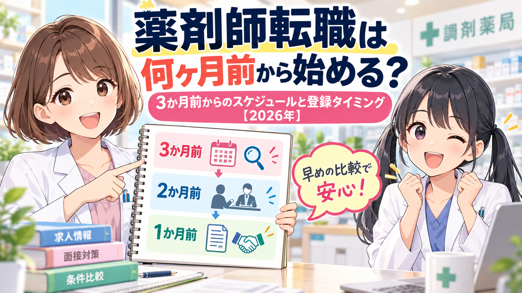 薬剤師転職は何ヶ月前から始めるか、3か月前からのスケジュールと登録タイミングを解説するアイキャッチ
