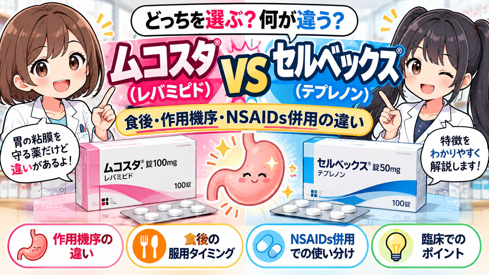 ムコスタとセルベックスの違い・食後・作用機序・NSAIDs併用を薬剤師が解説するアイキャッチ