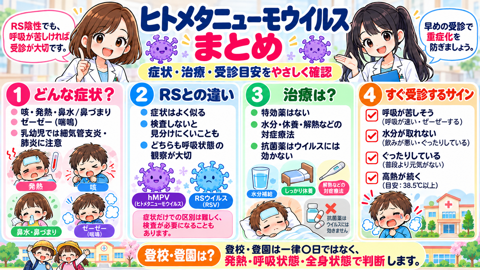 ヒトメタニューモウイルスの症状、RSとの違い、対症療法、受診目安、登校・登園の判断をまとめた漫画