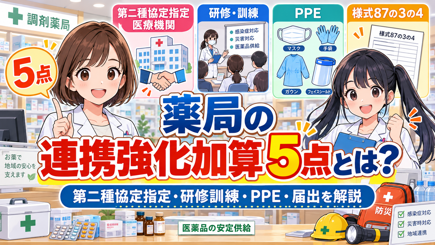 2026年版の薬局の連携強化加算5点について、第二種協定指定医療機関、研修訓練、PPE備蓄、様式87の3の4を薬剤師ゆずまるとなぎさが解説するアイキャッチ画像