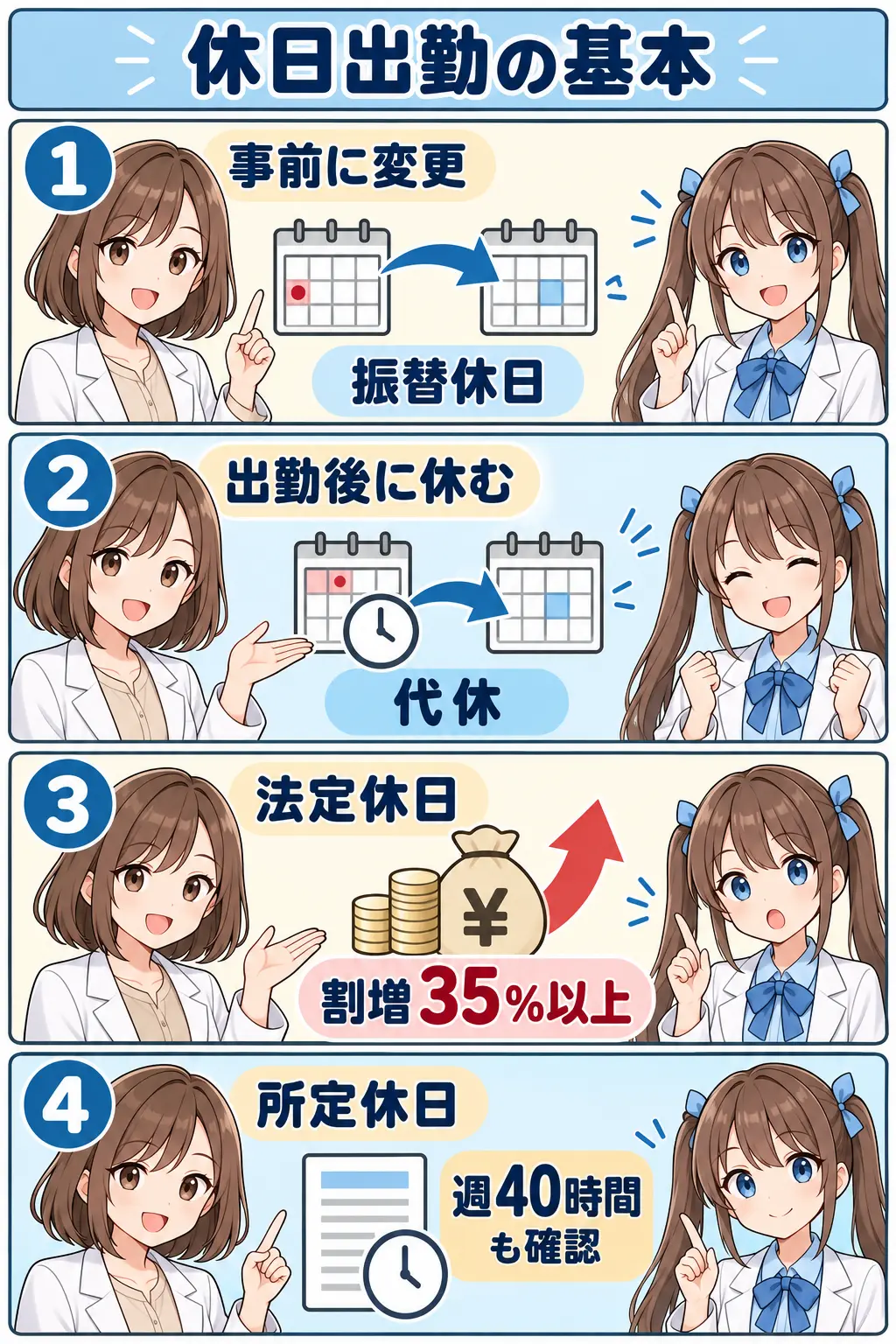 薬剤師の休日出勤で振替休日・代休・法定休日・所定休日を確認する4コマ