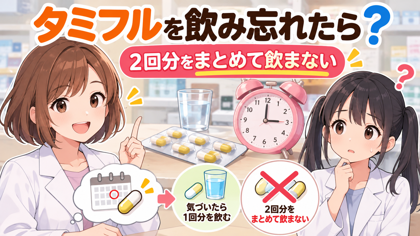 タミフルの飲み忘れ時の対応をゆずまるとなぎさが説明するアイキャッチ