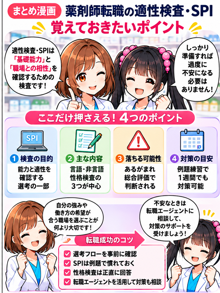 薬剤師転職の適性検査・SPIで押さえるポイントと転職成功のコツをまとめた漫画