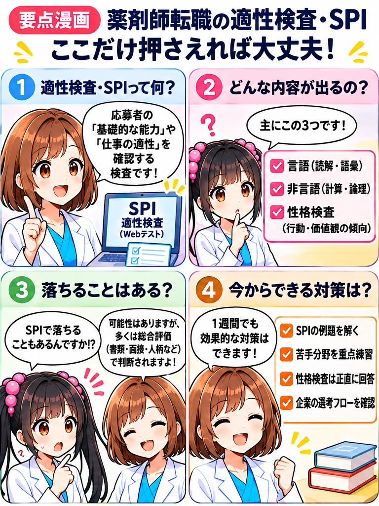 薬剤師転職の適性検査・SPIの種類、出題内容、落ちる可能性、対策をまとめた要点漫画